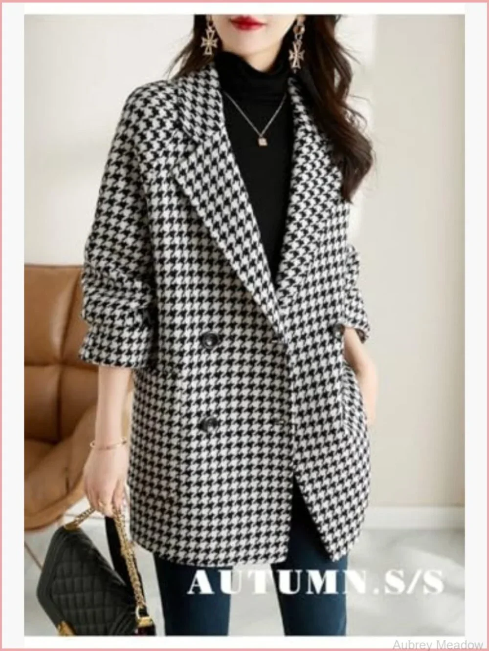 Notched Lapel Pea Coat Double Breasted Blazer Houndstooth Wool Blend Overcoat